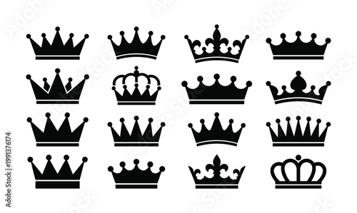 Set of black royal crown icons and symbols representing authority leadership power and royalty.