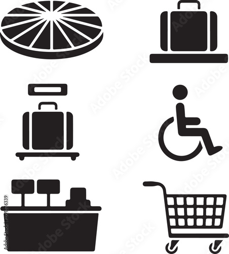 Airport terminal service icons set with baggage carousel check in desk and accessibility symbols