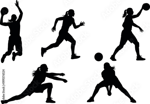 Female Basketball Player Action Silhouettes Set, Dynamic Sports Poses for Vector Illustrations