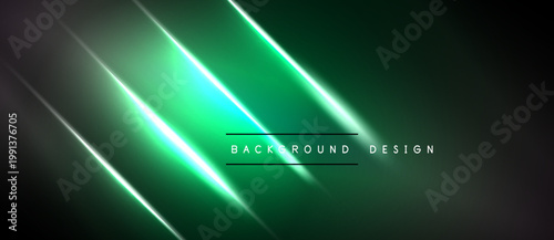 Abstract neon lines create dynamic green background. Dark shades emphasize bright illumination, modern design element.