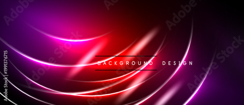 Abstract neon lines create vibrant red, purple glow. Dark background emphasizes dynamic curves, modern design elements.
