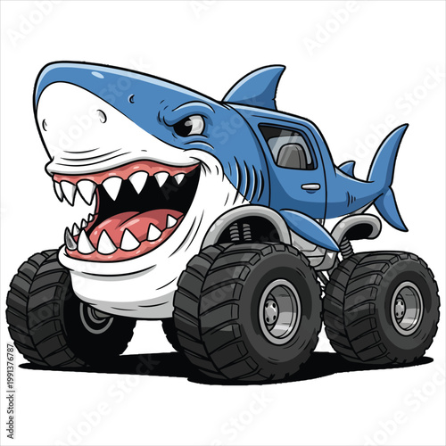 Cartoon shark monster truck hybrid character with massive tires and aggressive toothy grin isolated on white background for fun creative design