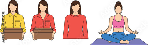 Female character vector set with package delivery poses casual outfits and yoga meditation lifestyle illustration collection