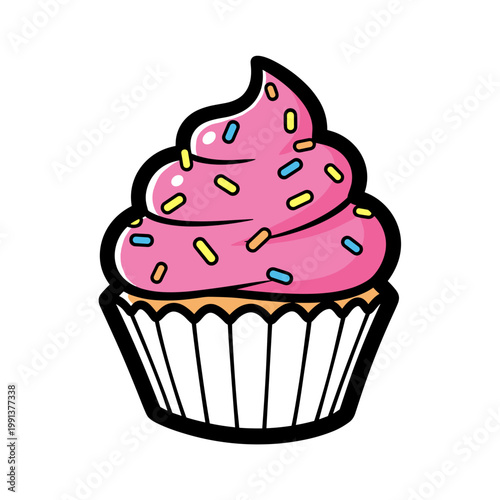 Cupcake with pink frosting and sprinkles in bold graphic vector illustration style