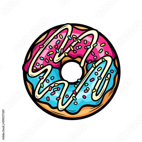 Donut with colorful glaze and sprinkles in bold graphic vector