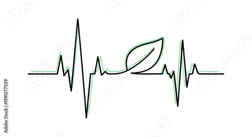 Leaf-integrated heartbeat ECG line in minimalist modern branding line art