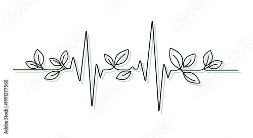 Heartbeat ECG line with woven leaf in minimalist continuous line illustration