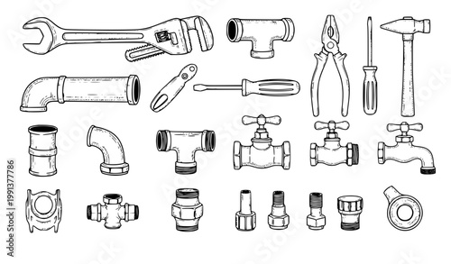 Plumbing tools doodle vector set repair equipment outline hand drawn illustration