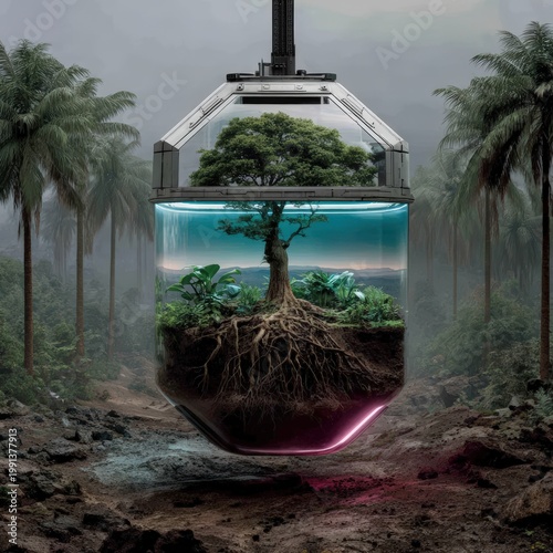 Futuristic 3D illustration of a floating biosphere garden inside a glass bubble with glowing roots and soft pink and blue lighting.
