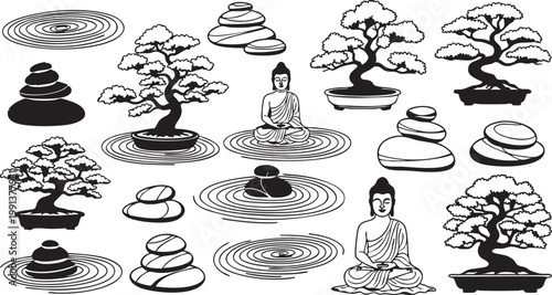 Zen garden elements bonsai trees buddha statues and balanced stones