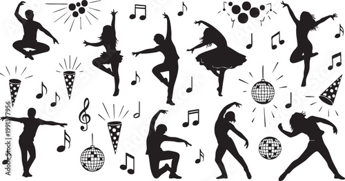 Silhouettes of people dancing with musical notes and party decorations