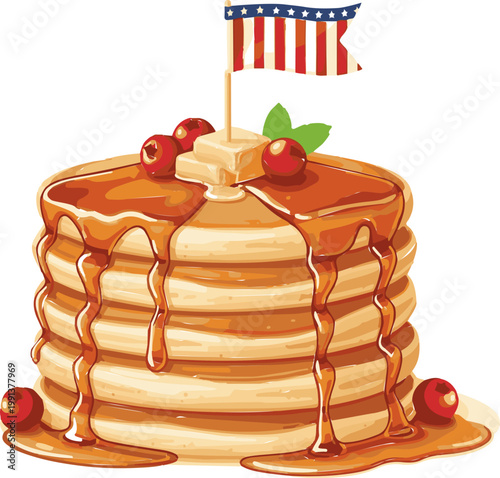 A delicious stack of fluffy pancakes drizzled with sweet syrup, adorned with butter, vibrant berries, and a festive American flag.