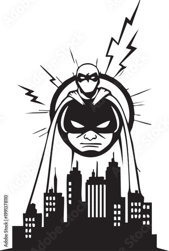 A masked superhero stands powerfully over a silhouetted cityscape