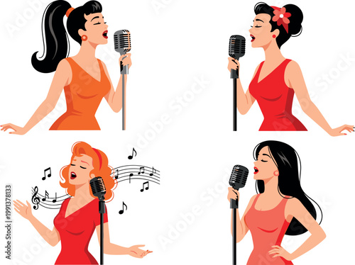 Female singers vector illustration set with vintage microphones elegant women performing music and vocal performance characters collection