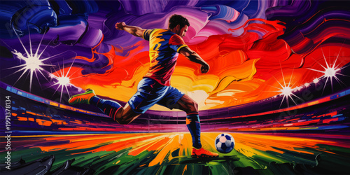 Dynamic Soccer Player Kicking Ball in Stadium at Sunset, Colorful Abstract Sports Illustration with Vibrant Motion Energy