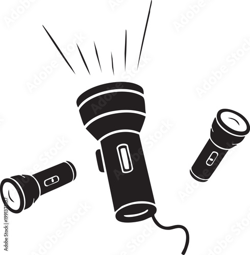 Black and white illustration of three flashlights emitting beams of light