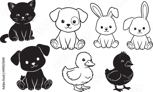 Cartoon illustration of a kitten puppies rabbits duck and chicks