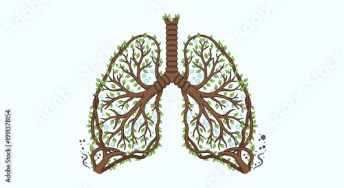Human lungs shaped like a branching tree with leaves and roots.