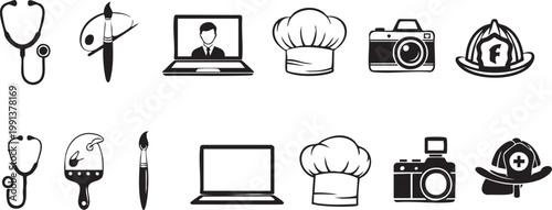 A collection of black and white icons representing various professions