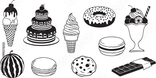 Black and white illustration of various sweet desserts and treats