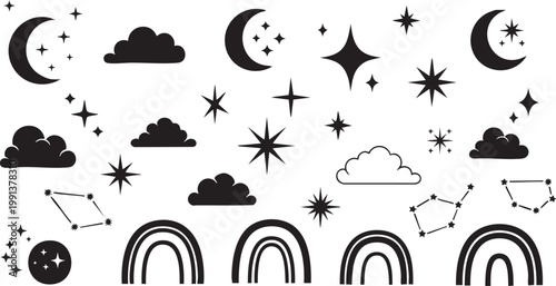 Stylized illustration of celestial objects rainbows and fluffy clouds