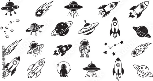 Collection of black and white space themed illustrations including rockets and ufos