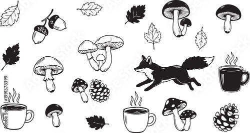 Autumnal illustration featuring mushrooms fox acorns and steaming beverages