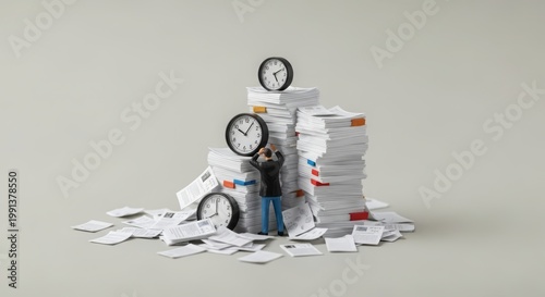 Miniature worker overwhelmed by paperwork and ticking clocks representing stress, burnout, and intense workplace deadline pressure