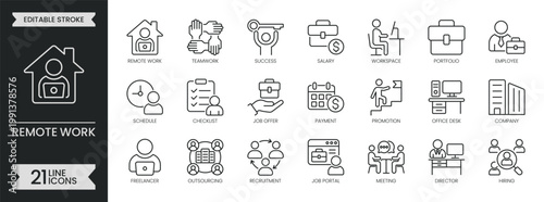 Remote work outline icon set. Containing business, freelance, outsourcing, career, teamwork, success, workspace, employee, office, startup and more. Editable stroke icons pack. Vector illustration