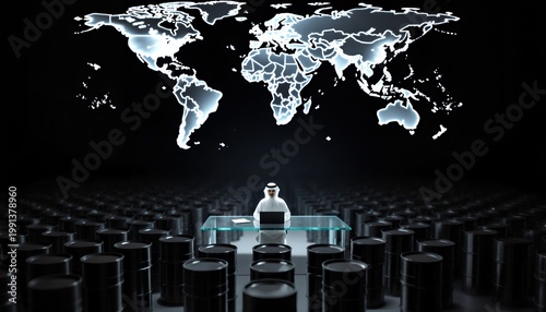 Businessman at Desk with World Map Background in Modern Environment