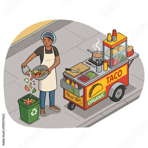 A woman prepares organic food at an outdoor taco cart on a sidewalk