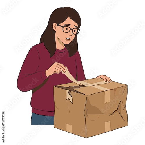 A woman carefully opens a cardboard box with tape and a surprised expression.