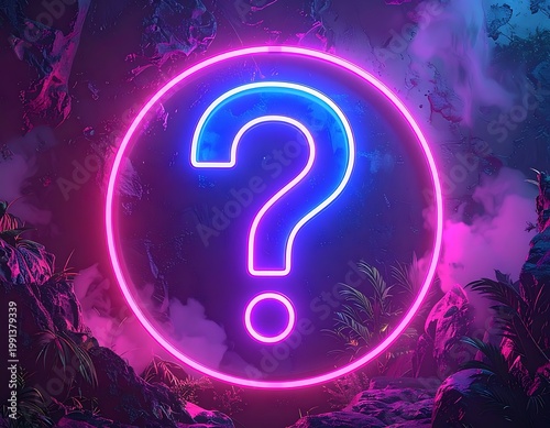A neon question mark in a pink circle amidst a dark, mystical forest
