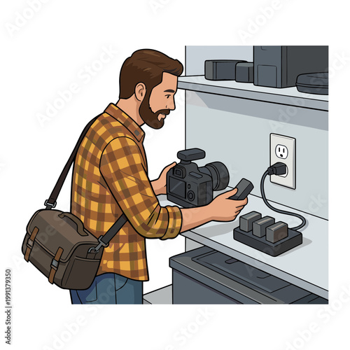 Man plugging a power strip into an outlet with a device