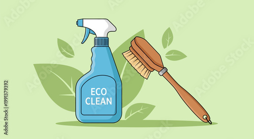 Eco friendly spray bottle and wooden cleaning brush for household chores.