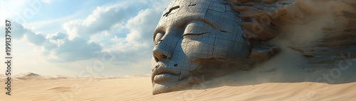 Ancient metallic robot head partially buried in desert sandscape