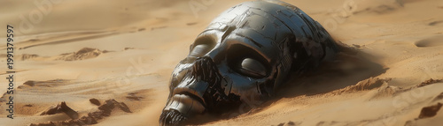 Rusted robot head partially buried in desert sand