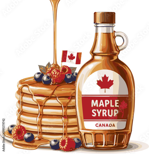 Stack of golden pancakes topped with fresh berries and drizzled with delicious authentic maple syrup next to a glass bottle