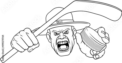 An angry drill instructor or sergeant bootcamp army soldier cartoon character holding hockey stick and puck ice hockey sports team mascot illustration.