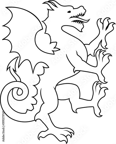 A stylised heraldry coat of arms crest style dragon standing rampant on hind legs pose
