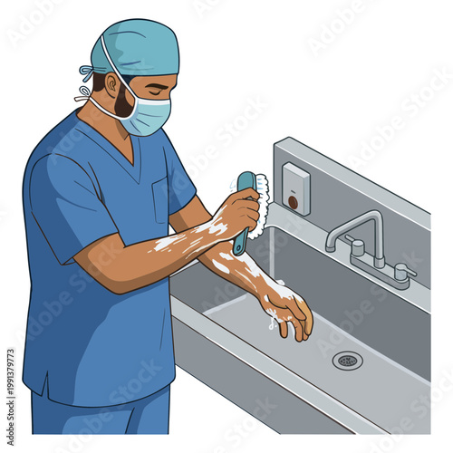 Medical professional washing hands with soap at hospital sink