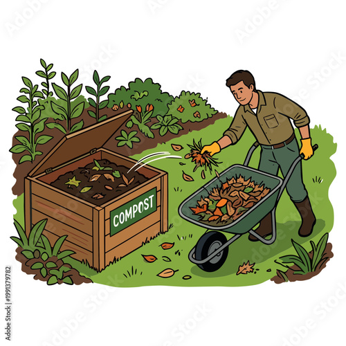 Man adding organic material to compost pile in garden with wheelbarrow