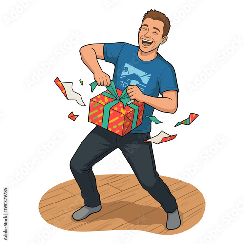 Man enthusiastically opening a colorful gift box on a wooden floor indoors