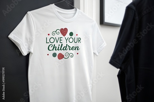 A white t-shirt with a heart design and the words 'Love Your Children' hangs on a hanger in a room with a black shirt and a framed picture.