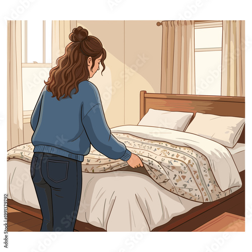 Woman making bed in cozy bedroom with brown furniture and white sheets