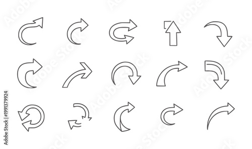 Collection of various gray outline arrows white direction symbol movement