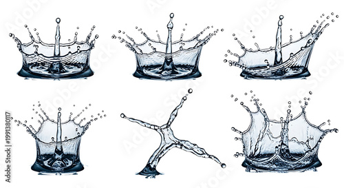 Six detailed illustrations of water splash crowns showing various forms and dynamics.
