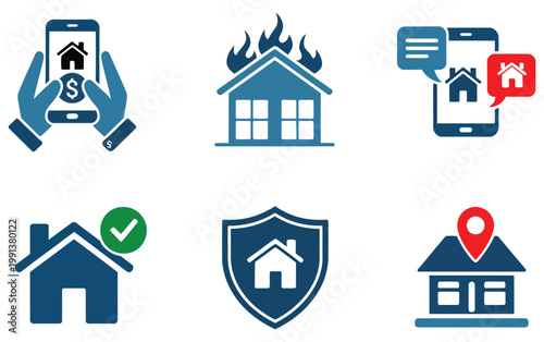 Smart home security icon set, minimal vector collection representing connected devices, surveillance cameras, smart locks, and alarm systems, modern design suitable for apps, dashboards, and home auto