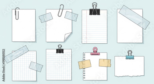 Collection of Blank Paper Notes with Clips and Tape.