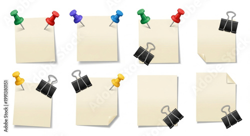 Collection of blank paper notes with pushpins and binder clips.